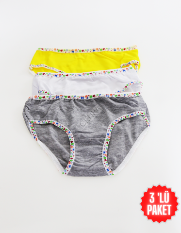 Tutku Çocuk Kız Renkli Slip 3'lü Paket Gri-Beyaz-Sarı