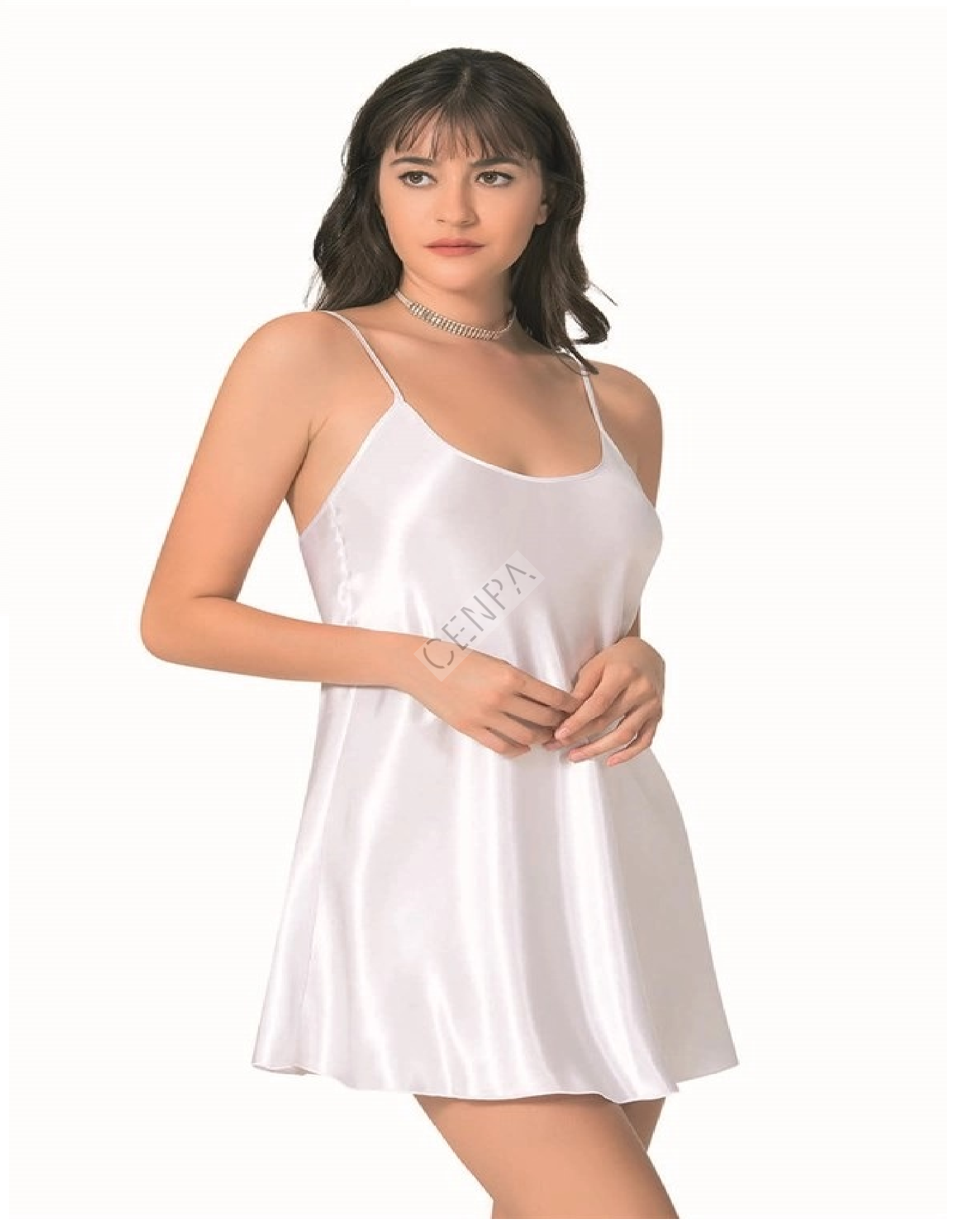 Ahu Ekru Kısa Saten Gecelik-8093