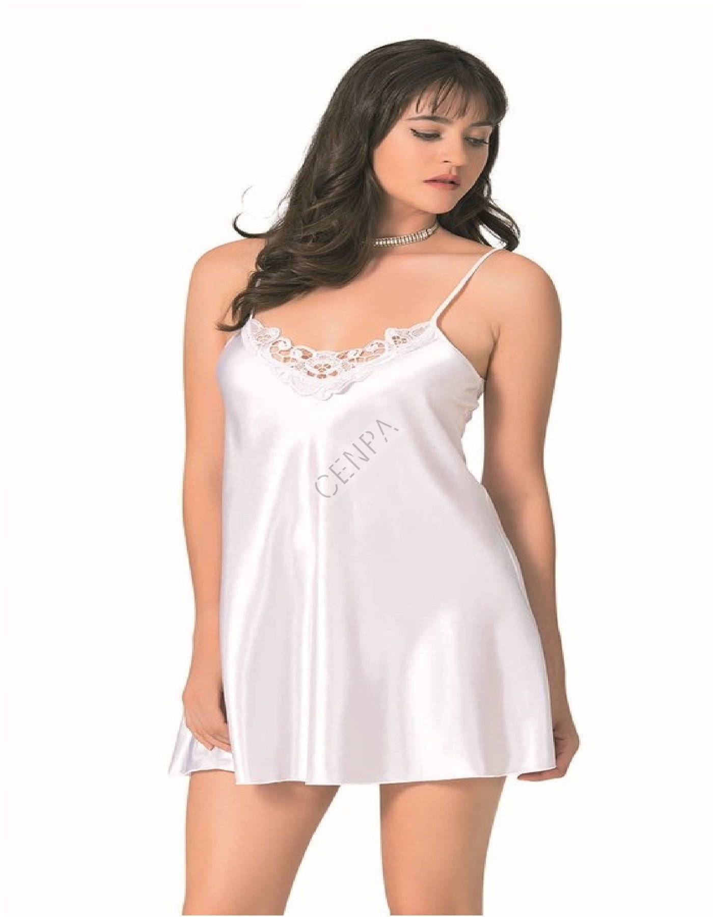 Ahu Beyaz Kısa Saten Gecelik-0005