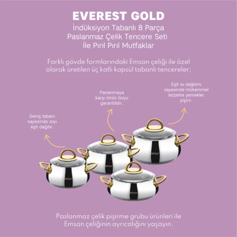 Emsan Everest Gold İndüksiyon Tabanlı 8 Parça Çelik Tencere Seti-0263
