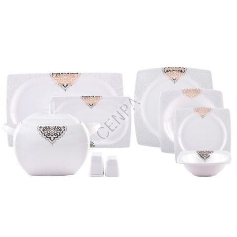 Emsan Fine Bone Fiore Gold 12 Kişilik 61 Parça Porselen Kare Yemek Takımı-2219