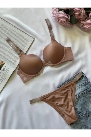 Cansoy Diva Destekli Double Push Up Taşlı Pudra Sütyen Takımı -663